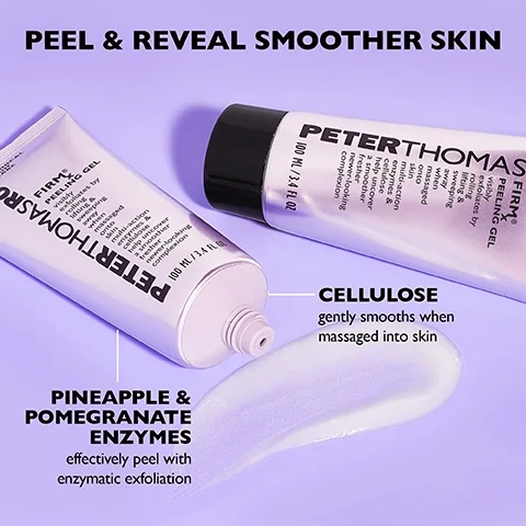 Image 1, peel and reveal smoother skin, cellulose gently smooths when massaged into skin, pineapple and pomegranate enzymes effectively peel with enzymatic exfoliation