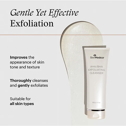 Image 1 - Image shows a tube of SkinMedica AHA BHA Exfoliating Cleanser and a swatch of product with text Gentle Yet Effective Exfoliation Improves the appearance of skin tone and texture Thoroughly cleanses and gently exfoliates Suitable for all skin types and SkinMedica AHA BHA EXFOLIATING CLEANSER 6 Fl Oz 177.4 mL. Image 2 - A tube of SkinMedica AHA BHA Exfoliating Cleanser with product dripping down and text reading Naturally derived AHAs combine with BHA to help exfoliate skin and enhance skin texture SkinMedica AHA BHA EXFOLIATING CLEANSER. Image 3 - Hand holding a SkinMedica AHA/BHA Exfoliating Cleanser tube and pouring liquid onto another hand, next to text that reads Key Ingredients Lactic Glycolic Citric and Malic Acid Natural AHAs that provide mild exfoliation to help reduce the appearance of wrinkles and enhance skin texture Jojoba Oil Gently exfoliates and Salicylic Acid A BHA that helps exfoliate skin. Image 4 - Close-up of white foam next to a textured surface with the text Mildly astringent citrus extracts help to minimize the appearance of pores for a radiant and refreshed look. Image 5 - A hand holds a tube of SkinMedica AHA/BHA Exfoliating Cleanser, and the image also contains the text How to Use Moisten skin with warm water and apply a small amount, gently exfoliating in small circular motions. Rinse thoroughly with warm water. Use AM/PM as the first product in your routine. Sunburn Alert - Because this product contains alpha-hydroxy acids (AHA), it may increase your skins sensitivity to sunburn. Use a sunscreen and limit sun exposure while using this product and for a week following discontinuation. Avoid getting in eyes. If contact occurs, rinse eyes thoroughly with warm water. SkinMedica AHA/BHA EXFOLIATING CLEANSER 6 fl. oz. / 177.4 mL. Image 6 - Image shows five SkinMedica skincare products labeled with text Complete Your SkinMedica Method Routine 01 THE CLEANSE FACTOR AHA BHA Exfoliating Cleanser 02 THE GROWTH FACTOR TNS Advanced Advanced Serum 03 THE CORRECT FACTOR Instant Bright Eye Cream 04 THE HYDRATE FACTOR HA5 Hydra Collagen Replenish Restore Hydrator 05 THE PROTECT FACTOR Essential Defense Mineral Shield Broad Spectrum SPF 35 Sunscreen. Image 7 - Close-up of a womans face with visible freckles and text that reads Pioneer of regenerative skincare With over 25 years of innovation, SkinMedica develops professional-grade products for every step in a complete skincare routine.