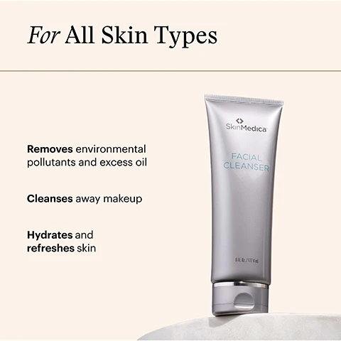 Image 1 - An image shows a tube of SkinMedica Facial Cleanser next to text that reads For All Skin Types Removes environmental pollutants and excess oil Cleanses away makeup Hydrates and refreshes skin SkinMedica FACIAL CLEANSER 6 FL. OZ. / 177.4 mL. Image 2 - A close-up side profile of a persons face with text overlay reading This pH-balanced cleanser is formulated to gently cleanse the skin while maintaining its natural acidity and supporting its barrier function pH range for the Facial Cleanser is 4.5 - 6.0. Image 3 - The image displays key ingredients and benefits for a facial cleanser next to a tube of SkinMedica Facial Cleanser with product squeezed out. Text: Key Ingredients Panthenol (Pro-Vitamin B5) Binds moisture to surface skin layers while soothing and calming, encouraging healthy skin Camellia Oleifera Leaf Extract Helps prevent free radical damage SkinMedica FACIAL CLEANSER 6 fl oz / 177 mL. Image 4 - Foam bubbles in the foreground on a tan background with text Behind the Formula: Why it Works This foaming cleanser not only washes away dirt and oil, but also smooths and hydrates with Pro-Vitamin B5 Image 5 - A tube of SkinMedica Facial Cleanser with water droplets is shown next to instructions for use titled How to Use Moisten skin with warm water and apply a small amount, gently massaging into skin. Use AM/PM as the first product in your routine. Avoid getting in eyes. If contact occurs, rinse eyes thoroughly with warm water. Image 6 - Five SkinMedica skincare products in a row with numbers and names below, with text SKINMEDICA Complete Your SkinMedica Method Routine 01 THE CLEANSE FACTOR: Facial Cleanser 02 THE GROWTH FACTOR: TNS Advanced+ Serum 03 THE CORRECT FACTOR: Instant Bright Eye Cream 04 THE HYDRATE FACTOR: HA5 Hydra Collagen Replenish + Restore Hydrator 05 THE PROTECT FACTOR: Essential Defense Mineral Shield Broad Spectrum SPF 35 Sunscreen. Image 7 - A close up of a womans smiling face with freckles and the text Pioneer of regenerative skincare With over 25 years of innovation SkinMedica develops professional-grade products for every step in a complete skincare routine.