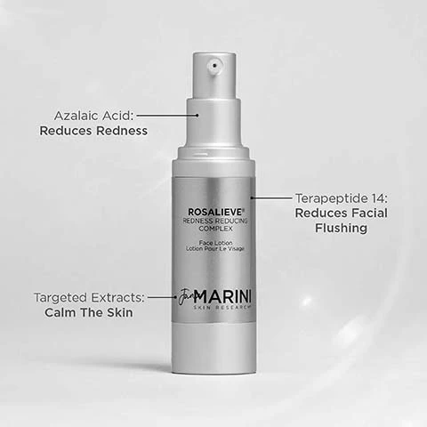 Image 1, reveal brighter skin, before and 2 months after, products used = marini luminate face lotion MD. Image 2, azalaic acid - reduces redness, terapeptide 14 = reduces facial flushing, targeted extracts = calm the skin. Image 3, experience relief from unwanted redness and reduce the appearance of facial flushing