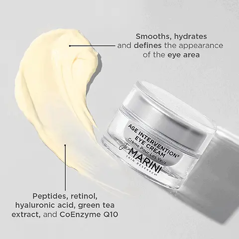 Image 1, Smooths, hydrates - and defines the appearance of the eye area. Peptides, retinol, hyaluronic acid, green tea extract, and CoEnzyme Q10. Image 2, A patented formula with isoflavones, topical interferon alpha 2, Co-Enzyme Q10 plankton extract and more Delivers intense hydration while helping to reduce the visible signs of aging skin