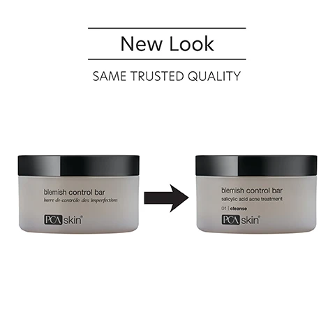 Image 1 - Image showing two jars of PCA Skins Blemish Control Bar with a text label above that reads New Look and below it says SAME TRUSTED QUALITY, the left jar labeled blemish control bar and the right jar labeled blemish control bar salicylic acid acne treatment 01 cleanse.
Image 2 - Three skincare product jars stacked on top of each other with a blurred, water droplet background, featuring the text that reads, Purifies, clears pores, softens skin, reduces and prevents acne breakouts.
Image 3 - A circular glass dish contains a light-colored substance, with text beside it listing ingredients: Salicylic Acid (2%) clears existing blemishes and prevents future acne breakouts, Azelaic Acid promotes a clear complexion and an even skin tone, Eucalyptus Leaf Oil purifies the skin, helping to remove impurities for a clear complexion.
Image 4 - A woman demonstrates how to apply a skincare treatment using a foaming sponge on her shoulder, with visible steps outlined on the left: STEP 1 describes moistening the sponge and cleansing the skin, while STEP 2 advises applying toner and treatments afterwards, including sun protection.
Image 5 - Three women with different hairstyles and skin tones smile closely together, with text above stating Best for oily and combination skin for preventative skin concerns.
Image 6 - Image shows a blue laboratory flask icon above text that reads Innovators in healthy skin for 30 years At PCA SKIN®, we use clinically-backed research and science to develop safe and effective products that deliver visible results for healthy, beautiful skin.