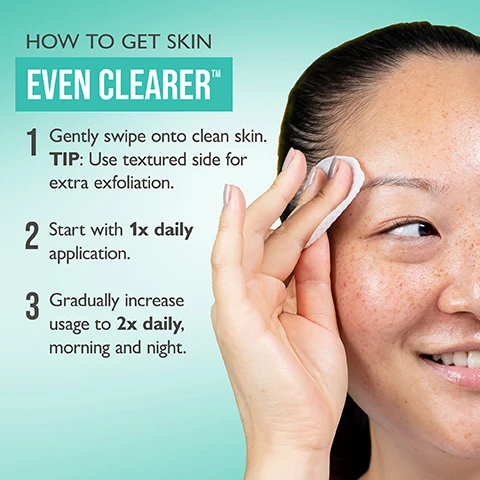Image 2 - A smiling woman with freckles applies a product to her forehead with a cotton pad next to instructions that read: HOW TO GET SKIN EVEN CLEARER™. 1 Gently swipe onto clean skin. TIP: Use textured side for extra exfoliation. 2 Start with 1x daily application. 3 Gradually increase usage to 2x daily, morning and night. Image 3 - A stack of round white cotton pads sits on a surface with a clear liquid, next to text that reads: SATURATED IN A MAXIMUM-STRENGTH SOLUTION + CLEARS breakouts + PREVENTS blemishes + EXFOLIATES skin + CLEANSES pores. Image 4 - A smiling person with visible skin imperfections applies a cotton pad to their forehead, with text on a teal background reading: MAXIMUM COMPLEXION CORRECTION Clears and helps prevent breakouts Exfoliates skin and removes impurities Reduces the look of pores, fine lines, uneven tone and texture. Image 5 - A white jar of Peter Thomas Roth Even Clearer Max Complexion Correction Pads with two white pads emerging from the top, displayed against a teal background with ingredient callouts and their benefits, reads CLINICAL SKIN CARE EVEN CLEARER MAX COMPLEXION CORRECTION PADS 2% salicylic acid • 10% glycolic acid complex • aloe vera • chamomile • green tea clear breakouts • exfoliate skin • cleanse pores • acne treatment for all skin types 60 PADS, with additional text stating 2% SALICYLIC ACID works to clear blemishes, cleanse pores and help prevent future breakouts, 10% GLYCOLIC ACID COMPLEX exfoliates skin to improve the look of smoothness and radiance, ALOE VERA, CHAMOMILE & GREEN TEA minimize the potential for dryness and leave skin feeling calm and balanced, and PETERTHOMASROTH on the base. Image 6 - The image shows a product redesign of Peter Thomas Roth Clinical Skin Care Max Complexion Correction Pads, with an older blue jar labeled Goodbye Acne and a newer white jar labeled Even Clearer positioned side-by-side with an arrow indicating the transition and a circular New tag, alongside the text NEW LOOK, SAME RESULTS! NEW PETERTHOMASROTH CLINICAL SKIN CARE GOODBYE ACNE MAX COMPLEXION CORRECTION PADS fresh peach bellini scent medicated double-sided soft/textured acne pads anti-aging benefits pore minimizer 2% salicylic acid + 10% glycolic acid complex soothing arginine + allantoin + whole leaf aloe vera extracts of chamomile and green tea for normality combination or problem skin types 60 PADS PETERTHOMASROTH CLINICAL SKIN CARE EVEN CLEARER MAX COMPLEXION CORRECTION PADS 2% salicylic acid + 10% glycolic acid complex aloe vera + chamomile + green tea clear breakouts + exfoliate skin + cleanse pores acne treatment for all skin types 60 PADS. Image 7 - An image titled PICK YOUR PTR EXFOLIANT shows a white jar of Peter Thomas Roth Even Clearer Max Complexion Correction Pads with two white cotton pads on top, and a white Peter Thomas Roth Even Smoother Instant Reveal Facial Peel packet with an applicator emerging, displayed above a comparison chart that details BEST FOR breakout prevention + pore control and brightening + uneven texture, INGREDIENTS 2% Salicylic Acid 10% Glycolic Acid Complex and 30% Glycolic Acid Solution Niacinamide, and HOW TO use up to 2x daily, no rinsing for the pads and use up to 3x weekly, rinse off for the peel. Image 8 - A promotional image displays four Peter Thomas Roth skincare products, two from the Even Smoother line and two from the Even Clearer line, arranged on a white surface with their descriptions on a teal background. The visible text reads: EVEN CLEARER™ + EVEN SMOOTHER™ FRESH COMPLEXION ESSENTIALS. WEEKLY EXFOLIANT decongest + purify clogged pores. Peter Thomas Roth Even Smoother Microdermabrasion Exfoliating Pore Purifier 2% salicylic acid 5% enzymatic complex smoothing crystals help reduce & refine the look of clogged pores & uneven skin tone for all skin types 50 ml / 1.7 fl oz. DAILY EXFOLIATING PADS breakout prevention + pore control. Peter Thomas Roth Even Clearer Max Complexion Correction Pads Acne Treatment 2% salicylic acid 10% glycolic acid complex aloe vera + chamomile + green tea clear breakouts + exfoliate skin + cleanse pores for normal to oily skin types 60 pads. WEEKLY PEEL SWABS brighten + smooth. Peter Thomas Roth Even Smoother Instant Reveal Facial Peel Gommage A Action Instantanee 10% glycolic acid solution for brightening & smoothing for all skin types cotton swob-tampon-tige. TREATMENT MASK treat + eliminate active breakouts. Peter Thomas Roth Even Clearer Therapeutic Sulfur Mask Acne Treatment 10% sulfur & kaolin & bentonite clays + aloe vera + glycerin clear breakouts + deep-clean pores + absorb oil for all skin types 150 ml / 5.1 fl oz.