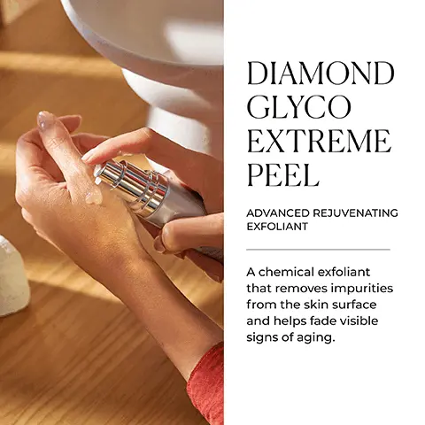 Image 1 - A person is applying a skincare product from a silver bottle to their hand, with the text Diamond Glyco Extreme Peel Advanced Rejuvenating Exfoliant A chemical exfoliant that removes impurities from the skin surface and helps fade visible signs of aging.
Image 2 - A silver bottle of Naturabiss Diamond Gyco Extreme Peel is displayed on a light background, accompanied by icons representing its key benefits: renews, rejuvenates, firms, and brightens, with the text KEY BENEFITS above.
Image 3 - A smiling woman holds a skincare product next to her face, with text that reads THE ULTIMATE COMPLEXION RESCUE and additional details describing the product as gluten free, alcohol free, oil free, and suitable for vegans.
Image 4 - A close-up image of three glass bowls containing different translucent liquids next to a background with a textured surface, with text on the right that reads: SCIENCE BEHIND IT GAMMA-SHIKIMIC ACID Provides effective exfoliation, helps fade imperfections and dark spots, and controls excess oil. ALPHA & BETA HYDROXY-ACIDS Effectively removes impurities from the skin surface and boosts natural exfoliation while purifying pores. PRO-LIFT Helps firm and smooth the skin surface while visibly softening the look of wrinkles.
Image 5 - A collection of skincare products displayed on rocks, featuring multiple bottles and tubes, with the heading AGE-DEFYING EXCELLENCE and text that reads Our advanced age-defying solutions infuse revitalizing energy into the skin for unprecedented results.