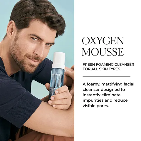 Image 1 - A man with short dark hair is holding a bottle of foaming cleanser and smiling, with text beside him reading OXYGEN MOUSSE FRESH FOAMING CLEANSER FOR ALL SKIN TYPES A foamy, mattifying facial cleanser designed to instantly eliminate impurities and reduce visible pores.
Image 2 - A person holds a bottle of Oxygen Mousse by Natura Bissé, with text beside it that reads KEY BENEFITS and icons indicating CLEANSES and SOFTENS.
Image 3 - A blue bottle of Natura Bissé Oxygen Mousse is placed next to a beige stone pedestal, accompanied by text that reads A BREATH OF FRESH AIR FOR THE SKIN, a super refreshing formula and boost of vitality that leaves your skin with a clear, matte complexion, along with icons indicating it is gluten free, alcohol free, suitable for vegans, and oil free.
Image 4 - Image shows three glass bowls containing different clear and white liquids and powders, with adjacent text explaining the ingredients: POLYPORUS OFFICINALIS EXTRACT, LIVING WATER, and BETAINE.
Image 5 - Image features a skincare collection from Natura Bissé, including four products arranged on a neutral background, with the text PURIFY YOUR SKIN and a description of the products benefits below.