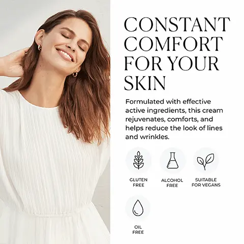 Image 1 - A smiling woman with long brown hair wears a white dress and is shown against a light background, with text reading CONSTANT COMFORT FOR YOUR SKIN and a list of features: gluten free, alcohol free, suitable for vegans, and oil free.
Image 2 - Image shows various skincare ingredients in bowls and leaves, accompanied by text detailing three components: Pro-Tolerance Peptide Complex delivers soothing, anti-aging benefits; Tripeptides & Fermentus Glaciarum Extract provides intense hydration and reveals softer, supple skin; Phytocutan (5%) multiplies the effectiveness of calendula, known for its comforting action and emollient properties.
Image 3 - Image shows a collection of skincare products from Natura Bissé arranged on a light surface, with the text SKIN RECOVERY & RELIEF and A range of gentle skincare products designed to help comfort and calm delicate, sensitive skin.
Image 4 - A woman with long brown hair is applying a cream to her cheek, looking directly at the camera, with text on the right that reads TOLERANCE RECOVERY CREAM PRO-COMFORT NURTURING CREAM A soothing formula that moisturizes sensitive skin, helps minimize visible signs of aging, and supports the hydration barrier.
Image 5 - A jar of Natura Bissé Tolerance Recovery Cream is displayed against a light background, with the text KEY BENEFITS and icons for NOURISHES, COMFORTS, and REJUVENATES nearby.