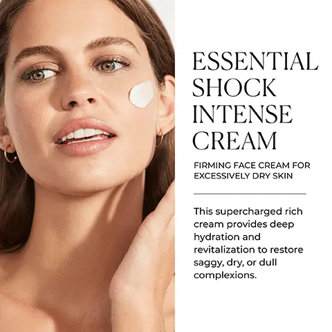 Image 1 - A woman applying a cream to her cheek with a thoughtful expression is shown, accompanied by text that reads ESSENTIAL SHOCK INTENSE CREAM FIRMING FACE CREAM FOR EXCESSIVELY DRY SKIN This supercharged rich cream provides deep hydration and revitalization to restore saggy, dry, or dull complexions.
Image 2 - A jar of Natura Bissé Essential Shock Intense Cream is displayed on a stone surface, accompanied by icons representing its key benefits: nourishes, firms, and rejuvenates, with the text Key Benefits above the image.
Image 3 - The image shows two skincare products on a wooden surface, with the product on the left being a spray bottle and the one on the right a cream jar, accompanied by the text CAPTURE YOUR INNER BEAUTY A series of intensive anti-aging treatments that promote deep hydration to restore younger-looking skin.
Image 4 - Image shows several clear glass bowls containing different liquid ingredients on a light surface, accompanied by text that lists the benefits of essential skin-rejuvenating nutrients including Proteoglycan-Derma Complex, Vitamins C, E & F, Amino-Essence Cocktail, and Isoflavones. The visible text includes: PACKED WITH ESSENTIAL SKIN-REJUVENATING NUTRIENTS PROTEOGLYCAN-DERMA COMPLEX Improves hydration and helps reduce the look of lines and wrinkles. VITAMINS C, E & F Provides superior age-defying benefits. AMINO-ESSENCE COCKTAIL Natural free-form collagen and elastin help restore hydration, firmness, and suppleness. ISOFAVONES Powerful anti-aging properties target skin changes caused by hormone imbalances.
Image 5 - A smiling woman with long hair is wearing a light-colored top, next to text that reads RADICALLY REPLENISH FIRMNESS followed by An intense cocktail designed to reveal a smooth, plump, firmer-looking complexion and icons indicating GLUTEN FREE, ALCOHOL FREE, and OIL FREE.
