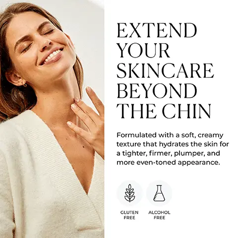 Image 1 - A smiling woman with long hair and wearing a white sweater is gently touching her neck, with text beside her that reads EXTEND YOUR SKINCARE BEYOND THE CHIN and below it, Formulated with a soft, creamy texture that hydrates the skin for a tighter, firmer, plumper, and more even-toned appearance, along with icons stating GLUTEN FREE and ALCOHOL FREE.
Image 2 - An image of a jar of Natura Bissé Inhibit Tension Neck Cream on a wooden surface, with text that reads KEY BENEFITS above and icons and labels indicating HYDRATES, BRIGHTENS, FIRMS, and TIGHTENS beside the jar.
Image 3 - A clear glass container with a gel-like substance sits on a textured surface, with text on the right detailing the benefits of ingredients: double hyaluronic acid, niacinamide, and shiitake extract & hydrolyzed collagen.
Image 4 - A collection of Natura Bissé skincare products arranged on a light background, featuring various bottles and containers with visible labels, and the text AT-HOME WRINKLE REMEDY and A revolutionary skincare concept inspired by non-invasive aesthetic cosmetic solutions to relax the look of wrinkles displayed above.
Image 5 - A woman smiles while applying a neck cream to her skin, holding a small jar of Inhibit Tensolift Neck Cream, with text beside her reading INHIBIT TENSOLIFT NECK CREAM MICRO-LIFTING NECK & DÉCOLLETÉ CREAM An anti-wrinkle, firming cream designed to reduce the appearance of vertical lines, rings of Venus, and sagginess.