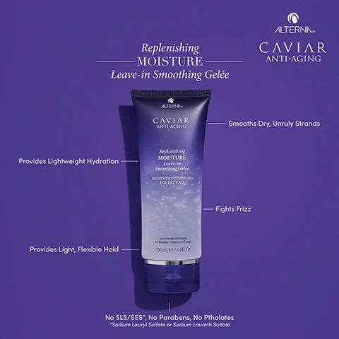 Image 1 - A bottle of Alterna Caviar Anti-Aging Replenishing Moisture Leave-in Smoothing Gelée is shown against a purple background, featuring text that states it provides lightweight hydration, smooths dry, unruly strands, fights frizz, and does not contain SLS, parabens, or phthalates.
Image 2 - A clear, teardrop-shaped gel with visible droplets, labeled with Replenishing Moisture Leave-in Smoothing Gelée, and accompanied by descriptions for “Caviar Extract,” “Seasilk,” and “Age Control Complex.”
Image 3 - A person with curly hair is shown from the back, split into two sections with a before-and-after comparison, displaying the product Caviar Anti-Aging Replenishing Moisture Collection in the center, along with two circular close-up images of hair texture labeled BEFORE and AFTER.
Image 4 - An arrangement of four hair care products on a purple background, labeled as Cleanse, Condition, Style, and Finish, including a shampoo, conditioner, leave-in smoothing gel, and anti-frizz dry oil mist, with visible text indicating product details and descriptions.