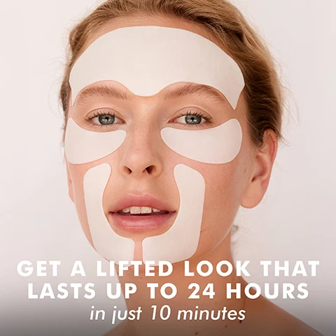 Image 1 - A woman with light brown hair and blue eyes looks at the camera, wearing white cosmetic patches on her forehead, under her eyes, and around her mouth, with the text GET A LIFTED LOOK THAT LASTS UP TO 24 HOURS in just 10 minutes overlaid. Image 2 - The image shows three white packages of Skyn Iceland Hydro Cool Firming Gels and their white gel patches on a light blue background, with the text FACE-LIFT IN-A-BAG CONTAINS: 2 PAIRS OF HYDRO COOL FIRMING EYE GELS for Eye Area, 2 PAIRS OF HYDRO COOL FIRMING FACE GELS for SMILE LINES, and 2 PAIRS OF HYDRO COOL FIRMING FACE GEL for FOREHEAD, each package displaying skyn ICELAND. Solutions for Stressed Skin, Hydro Cool Firming Eye Gels WITH HEXAPEPTIDE TECHNOLOGY, Hydro Cool Firming Face Gels • for Smile Lines WITH EXTENSIN AND PEPTIDES along with the claim Helps smooth smile lines in minutes, and Hydro Cool Firming Face Gels • for Forehead WITH EXTENSIN AND PEPTIDES along with the claim Helps smooth deep wrinkles in minutes. Image 3 - A woman with long dark hair has white facial masks applied to her forehead, under eyes, and around her mouth, with text reading A KIT OF ESSENTIAL MASKS, Eyes look more rested, Forehead wrinkles appear smoother, Smile lines look reduced. Image 4 - A dark blue image with water droplets and splashes on the right displays text that reads: A POWERFUL FORMULA, PEPTIDES Boost collagen, improve firmness & hydrate, COENZYME Q10 Fights free radicals, which lead to premature aging, ICELANDIC GLACIAL WATER Hydrates and soothes the delicate under-eye area. Image 5 - A woman with blonde hair and blue eyes wears white segmented facial patches on her forehead, under her eyes, and on her cheeks, with text on the left detailing product benefits: OPTIMIZED FORMULA DELIVERY Enhances ingredient penetration for faster, more visible results SUPERIOR ADHERENCE Stays in place without slipping PRECISION-ENGINEERED THICKNESS Holds the ideal amount of formula while remaining lightweight on the skin. Image 6 - The image displays a blue icy background with text listing product features and media mentions: Free From Harsh Chemicals: Parabens, PEGs, Silicones, Synthetic Fragrance and Dye, along with icons for Dermatologist Tested For Sensitive Skin, Paraben-Free, 100% Vegan, and Cruelty Free; below this is As Seen In: Glamour, Beautyinc The Greatest Skin Care, Vogue, and the skyn ICELAND. logo.