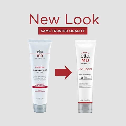 Image 1 - A side-by-side comparison of two Elta MD UV Facial sunscreen tubes, with the left tube labeled UV FACIAL BROAD-SPECTRUM SPF 30+ and the right tube labeled UV Facial BROAD SPECTRUM SPF 35, featuring the text New Look SAME TRUSTED QUALITY.
Image 2 - A tube of EltaMD UV Facial sunscreen with visible text highlighting features like UVA/UVB sun protection, suitable for wearing under makeup or alone, elegant and silky texture, developed for moderate to dry skin, and details about its ingredients and specifications.
Image 3 - A red square with the text #1 Dermatologist Recommended Professional Sunscreen Brand, with smaller text at the bottom stating U.S. Sunscreen Dispensing Dermatologists Study, Decision Analyst 2023.
Image 4 - A tube of EltaMD UV Facial sunscreen with broad spectrum SPF 35, alongside a small amount of the product squeezed out, features the text OIL FREE with an icon of a droplet with a slash through it.
Image 5 - A tube of EltaMD UV Facial sunscreen is displayed against a light background, featuring text that reads Creamy, moisturizing sun protection for normal to dry skin types.
Image 6 - A tube of EltaMD UV Facial sunscreen, SPF 35, with text highlighting key ingredients and benefits: Zinc Oxide & Octinoxate protects skin from UVA & UVB, Hyaluronic Acid boosts skin hydration, and Vitamin E helps diminish the visible signs of aging.
Image 7 - Three hands holding bottles of EltaMD UV Clear sunscreen, with the text SPF MADE FOR SKIN, NOT JUST THE SUN displayed above.
Image 8 - Three hands of different skin tones are raised, showing varying skin creams applied on the wrists, with text above stating THINK ZINC OXIDE and a description below explaining its use as a sunscreen agent.
Image 9 - Image shows a skincare product lineup featuring four EltaMD products: a foaming cleanser, an eye gel, a facial sunscreen, and a body sunscreen, with the text COMPLETE YOUR REGIMEN prominently displayed above the products.
Image 10 - Image shows a list of ingredients with two sections labeled ACTIVE INGREDIENTS and INACTIVE INGREDIENTS, detailing octinoxate and zinc oxide percentages followed by a lengthy list of inactive ingredients.