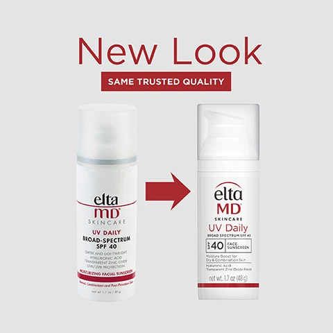 Image 1 - Image shows two bottles of EltaMD UV Daily Broad-Spectrum SPF 40 sunscreen side by side, with New Look and SAME TRUSTED QUALITY text above, and the left bottle features MOISTURIZING FACIAL SUNSCREEN while the right bottle highlights FACE SUNSCREEN.
Image 2 - Image of a tube of EltaMD UV Daily sunscreen, featuring text that highlights its benefits, including UVA/UVB sun protection, suitability for wearing under makeup or alone, no residue left on the skin, and a moisturizing lightweight formula; the tube indicates it is a broad spectrum SPF 40 face sunscreen.
Image 3 - Image shows a red square with the text #1 Dermatologist Recommended Professional Sunscreen Brand and a footnote stating U.S. Sunscreen Dispensing Dermatologists Study, Decision Analyst 2023.
Image 4 - A white sunscreen bottle labeled Elta MD Skincare UV Daily with SPF 40 is partially squeezed to show a dollop of the cream, accompanied by the text stating Hydration boost for dry and dehydrated skin.
Image 5 - A bottle of EltaMD UV Daily sunscreen with a white and red label, featuring text that includes SPF 40, Broad Spectrum SPF 40, Moisture Boost for Dry & Combination Skin, Hyaluronic Acid boosts skin hydration, and Zinc Oxide & Octinoxate protects skin from UVA & UVB.
Image 6 - Three hands hold bottles of EltaMD UV Clear sunscreen, with visible text stating SPF MADE FOR SKIN, NOT JUST THE SUN.
Image 7 - Image featuring three hands of different skin tones displaying sunscreen treatments, with text that reads THINK ZINC OXIDE Natural mineral compound that works as a sunscreen agent by reflecting and scattering UVA and UVB rays. Zn Think Zinc.
Image 8 - Four Elta MD skincare products are displayed on a light background, including a foaming cleanser, essence toner, daily sunscreen, and UV lotion, with the text COMPLETE YOUR REGIMEN prominently above them.
Image 9 - Active ingredients are Octinoxate 7.5% and Zinc Oxide 9.0%, with inactive ingredients including Water, Petrolatum, Isopropyl Palmitate, Dimethicone, Cetearyl Alcohol, Oleth-3 Phosphate, Phenoxyethanol, Hydroxyethyl Acrylate/Sodium Acrylyldimethyl Taurate Copolymer, Polyisobutene, Cetearyl Glucoside, Polyether-1, Butylene Glycol, PEG-7 Trimethylolpropane Coconut Ether, Sodium Hyaluronate, Iodopropynyl buty carbamate, Tocopheryl Acetate, and Triethoxycaprylylsilane.