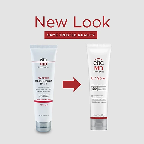 Image 1 - Image shows two tubes of Elta MD UV Sport sunscreen with the left tube featuring the old design and the right tube featuring the new design, with text that reads New Look and SAME TRUSTED QUALITY at the top; the visible text includes product details and specifications for both.
Image 2 - A tube of EltaMD UV Sport broad spectrum sunscreen SPF 50+ with features including UVA/UVB sun protection, water resistance for 80 minutes, suitability for all skin types, and a claim that it will not rinse off in water or drip into eyes.
Image 3 - An image featuring a bold number one in a red square above the text Dermatologist Recommended Professional Sunscreen Brand, with a footnote indicating a U.S. Sunscreen Dispensing Dermatologists Study, Decision Analyst 2023.
Image 4 - A tube of Elta MD UV Sport sunscreen is shown against a light beige background, with text that reads Active lifestyle protection, water resistant (80 minutes) for outdoor activities.
Image 5 - A tube of EltaMD UV Sport sunscreen with broad-spectrum SPF 50+, featuring descriptions of zinc oxide and octinoxate for UVA and UVB protection, water resistance for 80 minutes, and vitamin E for reducing visible signs of aging.
Image 6 - Three hands hold bottles of EltaMD UV Clear SPF 46 sunscreen against a light gray background, with the text SPF MADE FOR SKIN, NOT JUST THE SUN displayed above.
Image 7 - Three hands of varying skin tones are shown, two are raised with palms facing forward and one is lowered, displaying different sunblock creams on the arms; the image includes text that reads THINK ZINC OXIDE Natural mineral compound that works as a sunscreen agent by reflecting and scattering UVA and UVB rays, along with a logo featuring Zn and Think Zinc.
Image 8 - A display of four skincare products from Elta MD, including a foaming cleanser, moisturizer, UV sheer sunscreen, and UV sport sunscreen, with the text COMPLETE YOUR REGIMEN in bold at the top.
Image 9 - Ingredients list for a product with headings; active ingredients include Octinoxate 7.5%, Octisalate 5.0%, Zinc Oxide 9.0%, and inactive ingredients such as Water, Isopropyl Palmitate, and others.