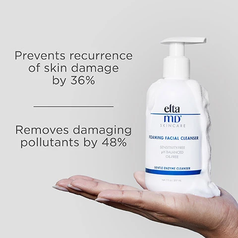 Image 1, prevents recurrence of skin damage by 36%. removes damaging pollutants by 48%. image 2, safe for all skin types. image 3, free from parabens, fragrances and oils. image 4, complete your regimen. image 4, trusted by dermatologists loved by skin. for over 30 years, elta MD has been creating innovative products that cater to all skin types and conditions, from cosmetically elegant sunscreen to skincare that repairs and rejuvenates skin. image 5, paraben free, hypoallergenic, dye free and dermatologically tested