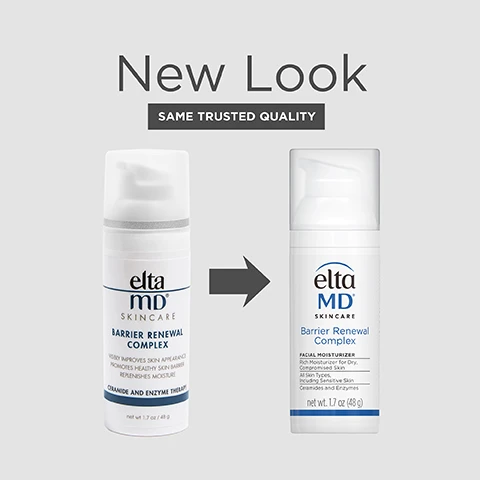 Image 1 - Image shows two bottles of Elta MD Barrier Renewal Complex with a text overlay stating New Look and SAME TRUSTED QUALITY; the left bottle is the old design and the right bottle is the new design.
Image 2 - Image of an Elta MD skincare product labeled Barrier Renewal Complex with text highlighting benefits: visibly improves skin appearance, promotes healthy skin barrier, minimizes the appearance of redness and promotes skin cell turnover, and replenishes moisture, with the product also indicating it is a rich moisturizer for dry, compromised skin suitable for all skin types, including sensitive skin, containing ceramides and enzymes.
Image 3 - A close-up of a smiling young woman with glowing skin, touching her cheek, with the text FOR DRY SKIN displayed on the right.
Image 4 - A bottle of Elta MD Barrier Renewal Complex facial moisturizer is displayed on a light-colored surface with a circular container in the background; the visible text states Clinically proven to moisturize and improve dry, compromised skin after a single application within 24 hours.* and *Based of expert assessment within 24 hours in a clinical study.
Image 5 - An image of an EltaMD skincare bottle labeled Barrier Renewal Complex with descriptions of key ingredients: Squalane restores skins natural moisture and suppleness, Niacinamide improves the look of skin discoloration, Hyaluronic Acid boosts skin hydration, Vitamin E helps diminish the visible signs of aging, and Ceramides provide protection by correcting and repairing membrane defects of the stratum corneum lipid barrier.
Image 6 - Image shows a skincare product bottle with application instructions, featuring the text How to Apply, followed by three steps detailing the process: STEP 1 Daily apply pearl-size dots to clean, moist skin, STEP 2 Gently massage onto face, using circular upward and outward motions, and STEP 3 Then protect your skin by applying the EltaMD sunscreen that suits your skin type.
Image 7 - Image shows four skincare products from eltaMD arranged on a light background with the text COMPLETE YOUR REGIMEN above them. The products are Barrier Renewal Complex, Renew Eye Gel, UV Restore Broad Spectrum SPF 40, and Skin Recovery Amino Acid Foaming Cleanser.
Image 8 - An ingredients list displayed with the heading INGREDIENTS, including components such as Water, Ethylhexyl Isononanoate, Niacinamide, and Squalane among others.