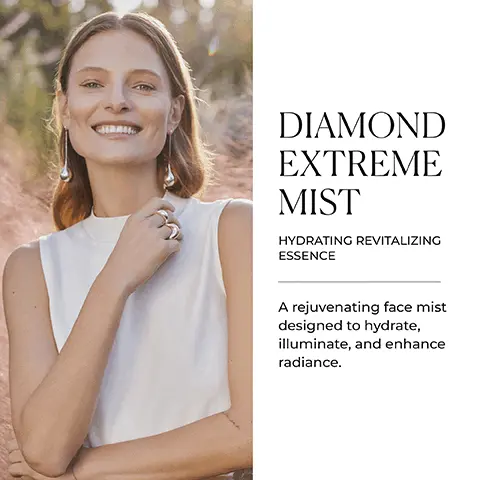 Image 1 - A smiling woman with long, wavy hair is wearing a white sleeveless top, showcasing her hand with several rings, in a natural outdoor setting; the visible text reads DIAMOND EXTREME MIST HYDRATING REVITALIZING ESSENCE A rejuvenating face mist designed to hydrate, illuminate, and enhance radiance.
Image 2 - A person holding a pink mist bottle labeled DIAMOND MIST with icons and text highlighting key benefits: HYDRATES and REVITALIZES.
Image 3 - A smiling woman with long hair is enjoying the outdoors, holding her face with one hand, while text to the right reads HYDRATE ANYTIME, ANYWHERE followed by a description that includes Uplift and refresh your skin with a spritz of pure energy. This essential glow-on-the-go product is perfect for every beauty ritual, along with icons indicating gluten free, alcohol free, and oil free.
Image 4 - Image shows three glass bowls containing different substances on a light surface, with text on the right describing the ingredients: SCIENCE BEHIND IT, ARTEMIA SALINA EXTRACT, HYDRA-FLOW COMPLEX, and LAVENDER OIL.
Image 5 - A display of various skincare products on a stone background, including serums and creams, with the text AGE-DEFYING EXCELLENCE Our advanced age-defying solutions infuse revitalizing energy into the skin for unprecedented results.