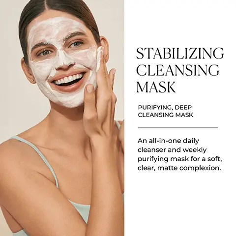 Image 1 - A smiling woman with a facial mask is applying it to her face, showcasing clean skin; visible text reads Stabilizing Cleansing Mask, Purifying, Deep Cleansing Mask, An all-in-one daily cleanser and weekly purifying mask for a soft, clear, matte complexion.
Image 2 - A tube of Natura Bissé Stabilizing Cleansing Mask is displayed against a light background, with icons representing its key benefits: cleanses, purifies, controls, and mattifies, accompanied by the text KEY BENEFITS.
Image 3 - A woman with long, wavy hair is smiling softly, with prominent features, next to text that reads OUR #1 SELLER IN ASIA and describes a purifying, deep cleansing formula that helps reduce the appearance of pores and imperfections for a soft, matte complexion, including icons for gluten free, alcohol free, and suitable for vegans.
Image 4 - Image of several circular glass dishes containing various skincare ingredients, including a green liquid, a white powder, and a clear gel, with text on the right side reading: SCIENCE BEHIND IT, SALICYLIC ACID Helps refine skin texture, remove impurities, and minimize the look of imperfections and pores. BOTANICAL EXTRACTS Purifies and cleanses the skin. KAOLIN CLAY Reveals a matte complexion. ALOE VERA Provides hydration and softens skin texture.
Image 5 - A collection of skincare products including a cleaning gel, serum, and moisturizer is displayed with a soft background, along with the text CLEAR, BLEMISH-FREE SKIN and Discover oil-control formulas that address everyday skincare concerns for a balanced, radiant, blemish-free complexion.