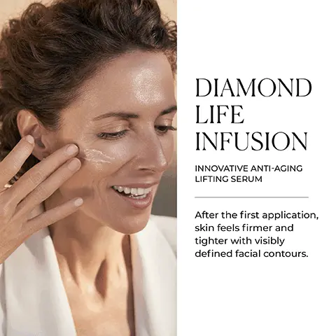 Image 1 - A woman with curly hair smiles while applying a serum to her face, next to the text that reads Diamond Life Infusion Innovative Anti-Aging Lifting Serum After the first application, skin feels firmer and tighter with visibly defined facial contours.
Image 2 - A clear glass bottle of Natura Bissé Diamond Life Infusion sits on a light stone surface, with the text KEY BENEFITS and icons for renews, replenishes, tightens, firms, and brightens displayed alongside the bottle.
Image 3 - A woman with wavy brown hair smiles while gently massaging her face, accompanied by text that reads RESTORE. REVIVE. REJUVENATE. A cutting-edge formula with revolutionary ingredients designed to infuse new life into the skin while smoothing the look of fine lines, along with icons stating GLUTEN FREE, ALCOHOL FREE, and OIL FREE.
Image 4 - A layout showing three glass bowls containing different ingredients next to text that describes their benefits, including C-Niche Protector Peptide, Progerin Reducer Complex, and Proteox Complex, with detailed descriptions of their effects on aging skin.
Image 5 - An image featuring two skincare products with cream packaging, positioned next to a rounded stone sculpture; the visible text reads RESULTS-DRIVEN FORMULAS A rejuvenating, age-defying duo backed by science: Diamond Life Infusion Serum & Diamond Life Infusion Retinol Eye Serum.