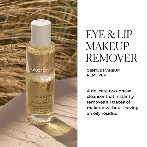 Image 1 - A bottle of Natura Bissé Gentle Makeup Remover sits on a light-colored surface with a blurred background of dry grass; the visible text includes EYE & LIP MAKEUP REMOVER, GENTLE MAKEUP REMOVER, and a description of the product.
Image 2 - A transparent bottle of eye makeup remover is placed next to a natural sponge on a beige surface, with text above stating KEY BENEFITS and icons for REMOVES MAKEUP and HYDRATES.
Image 3 - A smiling woman with long, dark hair touches her face while standing in a well-lit setting, accompanied by the text that states, REMOVE ALL TRACES OF MAKEUP, and information about the cleanser being gluten free, alcohol free, suitable for vegans, dermatologically tested, and ophthalmologically tested.
Image 4 - Image of various natural ingredients with descriptions beside them, including green tea, chelating agents, and betaine, with the text SCIENCE BEHIND IT at the top.
Image 5 - A collection of skincare products displayed on a light background, including tubes and jars, with the text SKIN RECOVERY & RELIEF A range of gentle skincare products designed to help comfort and calm delicate, sensitive skin.
