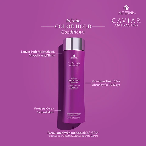 Image 1 - A purple bottle of Alterna Caviar Anti-Aging Infinite Color Hold Conditioner is centered in the image, with text around it stating Leaves Hair Moisturized, Smooth, and Shiny, Maintains Hair Color Vibrancy for 70 Days, Protects Color Treated Hair, and Formulated Without Added SLS/SES.
Image 2 - Image of a white, creamy conditioner swatch on a light background, with the title Infinite COLOR HOLD Conditioner and text highlighting key ingredients: DUAL-CAPTURE COMPLEX - Widely used for protection against color fade-out, wash-out and dryout, ESSENTIAL FATTY ACIDS - Known to help improve moisture and pigment and to create shiny, vibrant, and multi-dimensional color, POLYPHENOLS & VITAMINS A, C & E - Commonly used to help reduce color-fade.
Image 3 - Image showing a comparison of hair before and after using the Alterna Caviar Anti-Aging Infinite Color Hold Collection, with the left side featuring frizzy red hair labeled Before and the right side displaying smoother, colored hair labeled After, along with a purple product bottle and text stating Products Used: Shampoo, Conditioner, Dual-Use Serum.
Image 4 - A purple bottle of Alterna Caviar Anti-Aging Infinite Color Hold Conditioner is displayed, labeled Infinite Color Hold Conditioner and FULL INGREDIENT LIST is visible with an extensive list of ingredients below.