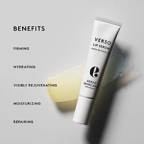 Image 1 - A tube of Verso Lip Serum with Retinol is shown next to a small puddle of light yellow gel on a smooth surface, with the word BENEFITS and the words FIRMING, HYDRATING, VISIBLY REJUVENATING, MOISTURIZING, and REPAIRING listed vertically alongside.