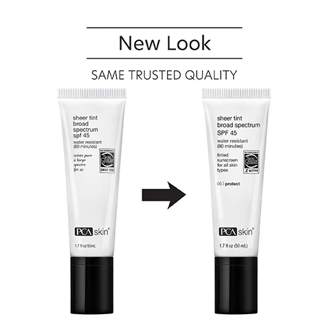 Image 1 - Image shows two tubes of PCA skin sheer tint broad spectrum SPF 45 with a design change, along with the text New Look SAME TRUSTED QUALITY above them, indicating the products are the same formula in different packaging.
Image 2 - A hand holds a tube of sunscreen labeled PCA Skin sheer tint broad spectrum SPF 45, with text stating it protects against UVA and UVB rays, hydrates, smoothes, and creates an even-looking complexion.
Image 3 - A round glass dish containing a brown substance, with text to the left that reads Titanium Dioxide provides broad spectrum UV protection by reflecting, scattering, and absorbing UV rays and Zinc Oxide provides broad spectrum UV protection by reflecting, scattering, and absorbing UV rays.
Image 4 - A woman is applying a cream to her face while looking at the camera, with two steps of instructions titled How to Apply on the left side, including text that reads STEP 1 After cleansing, toning and applying any PCA Skin treatment serums, smooth onto the skin. Allow to absorb 15 minutes prior to daytime exposure. STEP 2 Reapply after two hours of sun exposure and repeat every two hours as needed. Recommended for daily use.
Image 5 - Three women with diverse hairstyles and skin tones smile together, with text above them that reads For dry, oily, combination, normal and sensitive skin for preventative skin concerns.
Image 6 - Image features a blue laboratory flask icon above text that reads Innovators in healthy skin for 30 years At PCA SKIN®, we use clinically-backed research and science to develop safe and effective products that deliver visible results for healthy, beautiful skin.
