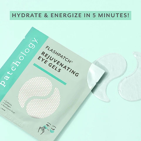 Image 2 - A light green Patchology eye gel packet is partially open, revealing a clear crescent-shaped eye gel, with another gel next to it on a teal background. Text on image reads: HYDRATE & ENERGIZE IN 5 MINUTES! patchology FLASHPATCH® REJUVENATING EYE GELS Caffeine Collagen Hyaluronic Acid 1 PAIR. Image 3 - A close-up of a womans face with under-eye patches, displaying text that reads: INSTANTLY: Depuffs & hydrates Brightens & energizes Lifts & smooths. Image 4 - An open teal jar of Patches FLASH PATCH Rejuvenating Eye Gels with two white crescent-shaped gels inside, with text that reads pathology FLASH PATCH Rejuvenating Eye Gels PATCHES GELS RAJEUNISSANTS POUR LES YEUX, is displayed next to survey results stating 100% their tired eyes appeared more awake and revitalized, 97% said their under-eye area looked less puffy, and 98% said their under-eye area looked and felt smoother, with additional text at the bottom reading *Results of 100 participants after 5-minutes. Image 5 - Close-up of a woman with clear, radiant skin and blue eyes looking up, above which are five white stars and the text STAPLE IN MY SKIN CARE ROUTINE., with the text Rating as of July 2025 on Patchology.com below. Image 6 - Two light green, textured eye patches on a pale green background list ingredients: CAFFEINE a potent depuffing antioxidant, HYALURONIC ACID a skin-plumping hydrator, VEGAN COLLAGEN a plant-based firming protein. Image 7 - A blonde woman with an eye gel patch under her right eye smiles while holding a green packet of eye gels in front of her left eye, with text on the left stating WORKS LIKE MAGIC, Powered by HydroSurge5™ for fast results, Infused with targeted serum, and Biodegradable material, and the packet reads patchology FLASH PATCH® REJUVENATING EYE GELS with + Caffeine, + Hydrolyzed Collagen, + Hyaluronic Acid, 1 PAIR. Image 8 - An infographic illustrates three ways to wear eye patches, titled Wear Them Your Way, featuring three different placements on a cartoon face with corresponding descriptions: The Doll-Face (AKA rounded side in) target: under eye bags, The Angel-Wing (AKA skinny side in) target: crows feet, and The Halo-Hug (AKA over the eyes) target: upper-eyelid depuff.