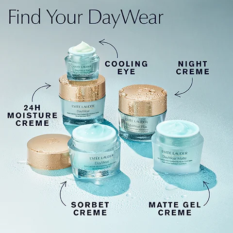 Five jars of Estee Lauder DayWear products, labeled with arrows, on a wet surface with the text Find Your DayWear 24H MOISTURE CREME COOLING EYE NIGHT CREME SORBET CREME MATTE GEL CREME ESTEE LAUDER DayWear Multi-Protection Anti-Oxidant 24H-Moisture Creme Broad Spectrum SPF 15 ESTEE LAUDER DayWear Eye Cooling Anti-Oxidant Moisture Gel Creme Gel crème contour des yeux hydratant anti-oxydant ESTEE LAUDER NightWear Plus Anti-Oxidant Night Detox Creme Crème détox nuit anti-oxydante ESTEE LAUDER DayWear Anti-Oxidant 72H-Hydration Sorbet Creme Broad Spectrum SPF 15 ESTEE LAUDER DayWear Matte Oil-Control Anti-Oxidant Moisture Gel Creme Gel crème hydratant matifiant.