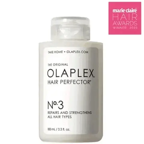 Image 1, marie claire awards winner 2023. image 2, 2022 harper bazaar beauty icon. Image 3, FOR BEST RESULTS APPLY to damp hair from roots to ends LEAVE on for 3 to 10 minutes RINSE before shampooing USE weekly or 2-3x week for damaged hair A SEY CON ੪੦੦੩:੪ਤਰ ਅਮ TVO Image 4, A concentrated treatment that repairs and prevents damage IN AS LITTLE AS 3 MINUTES TAKE HOME OLAPLEX.COM THE ORIGINAL OLAPLEX. HAIR PERFECTOR' No.3 REPAIRS AND STRENGTHENS ALL HAIR TYPES X00mL/3.3. oz. Image 5, PRO TIP To intensify repair, start with N°0 Intensive Bond Building Hair Treatment MEONE OLAPLEX.COM NOSONAL INSPIRED OLAPLEX NENSIVE BOND BUILDING SAR TREATMENT N°0 REPAIRS STRENGTHEN NOTECTS ALL HAIR TYPES BA/ SAKE HOME OLAPLEX.COM THE ORIGINAL OLAPLEX HAIR PERFECTOR N°3 REPAIRS AND STRENGTHENS ALL HAIR TYPES Image 6, PATENTED OLAPLEX BOND BUILDING TECHNOLOGYTM Rebuilds broken disulfide bonds OLAPLEX HAIR PERFECTOR' No.3 REPAIRS AND STRENGTHENS ALL HAIR TYPES Image 7, BEFORE AFTER UNRETOUCHED IMAGES *Results achieved by applying N°3 Hair Perfector" to damp hair for 10 minutes, cleansing with N°4, conditioning with N°5, and applying N°6 on damp hair before styling.