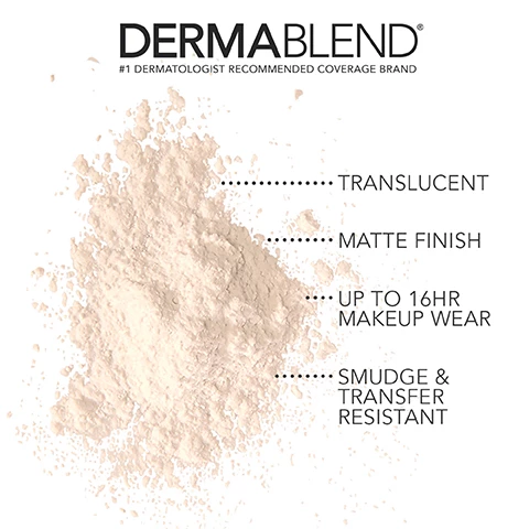 Image 1, dermablend number 1 recommended coverage brand. translucent, matte finish, up to 16 hour wear, smudge and transfer resistant. image 2, best for - setting makeup, baking face makeup, providing a matte finish, flash photography, absorbing excess oil, image 3, cool beige loose setting powder. finish = matte. skin type = all. skin tone = medium.
