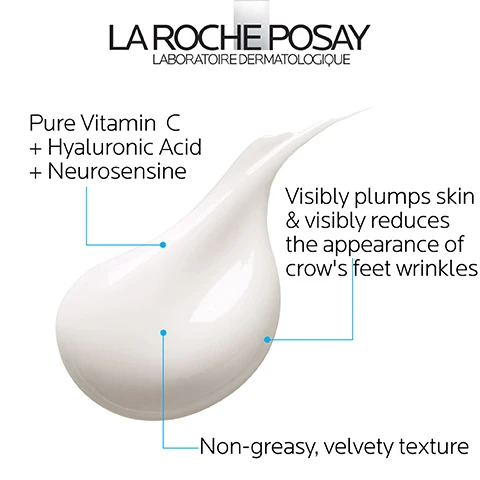 Image 1 - A droplet of white cream is shown, with text indicating it contains Pure Vitamin C, Hyaluronic Acid, and Neurosensine, while highlighting benefits such as visibly plumping skin, reducing crows feet wrinkles, and having a non-greasy, velvety texture.
Image 2 - A tube of La Roche-Posay Vitamin C eye cream is shown on the left, with text on the right that reads APPLY IN THE MORNING AND/OR EVENING MASSAGE FROM THE INNER CORNER OF THE EYE OUTWARD.
Image 3 - Image features the La Roche-Posay logo at the top, with two line-drawn figures representing a dermatologist and a woman, accompanied by icons indicating Dermatologist Tested, Allergy Tested, Oil-Free/Non-Comedogenic, and Fragrance-Free attributes, along with the text Recommended by 90,000 Dermatologists Worldwide.