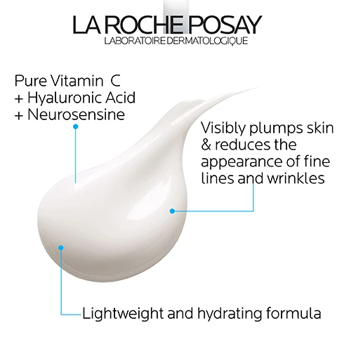 Image 1 - A smooth, white droplet of cream is shown, with the text La Roche-Posay, Pure Vitamin C + Hyaluronic Acid + Neurosensine, Visibly plumps skin & reduces the appearance of fine lines and wrinkles, and Lightweight and hydrating formula.
Image 2 - A tube of La Roche-Posay Pure Vitamin C Cream is shown, labeled as a firming moisturizing filler; the visible text states to apply to face and neck morning and/or evening.
Image 3 - Image shows a graphic with the text LA ROCHE POSAY LABORATOIRE DERMATOLOGIQUE at the top, featuring icons representing Dermatologist Tested, Allergy Tested, Oil-Free/Non-Comedogenic, and Fragrance-Free; below is the text Recommended by 90,000 Dermatologists Worldwide.