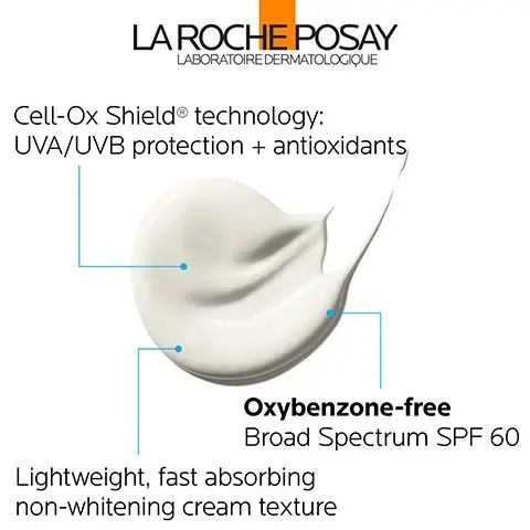 Image 1 - A swirl of white cream is shown with text reading LA ROCHE POSAY LABORATOIRE DERMATOLOGIQUE Cell-Ox Shield technology UVA/UVB protection + antioxidants Oxybenzone-free Broad Spectrum SPF 60 Lightweight fast absorbing non-whitening cream texture. Image 2 - The image displays three circular photos showing different textures next to text listing KEY DERMATOLOGICAL INGREDIENTS CELL-OX SHIELD® TECHNOLOGY UVA/UVB PROTECTION + ANTIOXIDANTS Photostable UVA/UVB filters and powerful antioxidant protection BROAD SPECTRUM SPF 60 OCTINOXATE-FREE & OCTINOXATE-FREE Avobenzone 3% Homosalate 10% Octisalate 5% Octocrylene 7% LA ROCHE-POSAY THERMAL SPRING WATER SOOTHING ANTIOXIDANT A unique water rich in selenium, a natural antioxidant. Image 3 - Hand holding a tube of La Roche-Posay sunscreen with text LA ROCHE-POSAY LABORATOIRE DERMATOLOGIQUE 60 Body & Face BROAD SPECTRUM SPF 60 ANTHELIOS MELT-IN MILK SUNSCREEN ast absorbing velvety finish or all skin types with CELL-OX SHIELD UVA/UVB Protection + Antioxidants Tested on sensitive skin. Fragrance-free. WATER RESISTANT (80 MINUTES) 3.0 FL.OZ. - 90 ml DERMATOLOGIST RECOMMENDED With a velvety texture and unique fast-absorbing properties Melt-In Milk SPF 60 is a double threat in that it has sun protective benefits with broad spectrum UVA/UVB coverage and contains antioxidants. Board Certified Dermatologist Dr. Rina Allawh RECOMMENDED SKIN CANCER FOUNDATION ACTIVE. Image 4 - A hand applies La Roche-Posay Anthelios sunscreen to another hand with text LA ROCHE-POSAY LABORATOIRE DERMATOLOGIQUE 60 BROAD SPECTRUM SPF 60 ANTHELIOS MELT-IN MILK SUNSCREEN WITH CELL-OX SHIELD Tested on sensitive skin Fragrance free WATER RESISTANT 80 MINUTES 5 FL.OZ. - 150 mL APPLY 15 MINUTES PRIOR TO SUN EXPOSURE CAN BE USED ON FACE & BODY. Image 6 - The image displays the La Roche Posay logo and slogan Laboratoire Dermatologique above four blue icons and text: a person with a stethoscope and the words Dermatologist Tested, a persons face with a hand touching the cheek and the words Allergy Tested, a crossed-out oil drop and the words Oil-Free / Non-Comedogenic, and a crossed-out perfume bottle and the words Fragrance-Free.