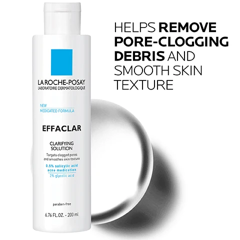 Image 1 - A bottle of La Roche-Posay Effaclar Clarifying Solution is shown, featuring a white bottle with a blue square logo and text that reads HELP REMOVE PORE-CLOGGING DEBRIS AND SMOOTH SKIN TEXTURE along with NEW MEDICATED FORMULA and ingredient details including 0.5% salicylic acid and 2% glycolic acid.
Image 2 - Image depicting key dermatological ingredients with three sections labeled: .5% Salicylic Acid for acne treatment, Glycolic Acid as an alpha-hydroxy acid, and La Roche-Posay Thermal Spring Water as a soothing antioxidant, each accompanied by brief descriptions of their benefits.
Image 3 - An image of a glossy, spherical droplet with text that reads Salicylic Acid + Glycolic Acid, Leaves skin feeling refreshed and even, and Targets clogged pores and smoothes skin texture.
Image 4 - A person is holding a bottle of La Roche-Posay Effaclar Clarifying Solution, which is labeled as a new medicated formula and contains 0.5% salicylic acid acne medication and 2% glycolic acid, accompanied by the text DERMATOLOGIST RECOMMENDED and a quote from Board Certified Dermatologist Dr. Jenny Liu about its benefits for oily skin and acne.
Image 5 - Image features icons and text related to skincare: a line drawing of a dermatologist, a person with hands on their face, and three icons labeled DERMATOLOGIST TESTED, ALLERGY TESTED, OIL-FREE/ NON-COMEDOGENIC, and FRAGRANCE-FREE, with the brand name LA ROCHE POSAY at the top.