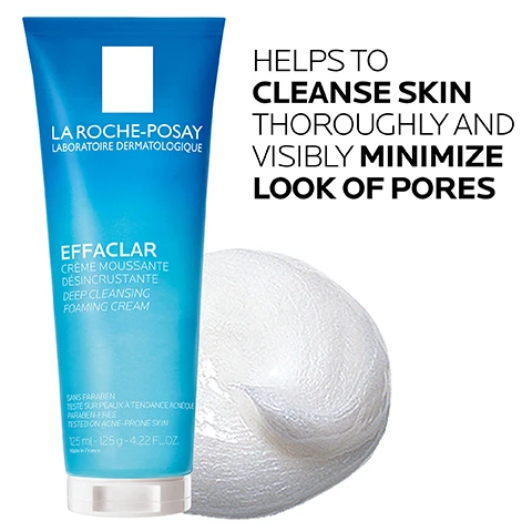 Image 1 - A blue tube of La Roche-Posay Effaclar Deep Cleansing Foaming Cream, with a white foamy texture beside it, features text that reads helps to cleanse skin thoroughly and visibly minimize look of pores.
Image 2 - Image showing two key dermatological ingredients with descriptions: Glycerin, categorized as a humectant, highlighted for its hydrating properties, and Salicylic Acid, categorized as a skin exfoliant, noted for its effective exfoliating properties to help clear and refine the appearance of pores.
Image 3 - A white cream texture that appears to be a foamy substance is shown, with labels indicating the ingredients and benefits, including COCO-GLUCOSIDE + GLYCERIN, CREAM TEXTURE DEVELOPS INTO A SOFT, RICH FOAM, and VISIBLY MINIMIZES PORES WHILE REMOVING EXCESS OIL.
Image 4 - A hand holding a blue tube of La Roche-Posay Effaclar Deep Cleansing Foaming Cream against a white background, with text stating DERMATOLOGIST RECOMMENDED and a quote from Dr. Jenny Liu, Board Certified Dermatologist.
Image 5 - Image shows a logo for La Roche-Posay with the text LABORATOIRE DERMATOLOGIQUE underneath, accompanied by four blue icons: a doctor, a woman with her hand on her face, a droplet symbol labeled OIL-FREE/ NON-COMEDOGENIC, and a spray bottle with a line through it labeled FRAGRANCE-FREE, along with the text DERMATOLOGIST TESTED and ALLERGY TESTED.