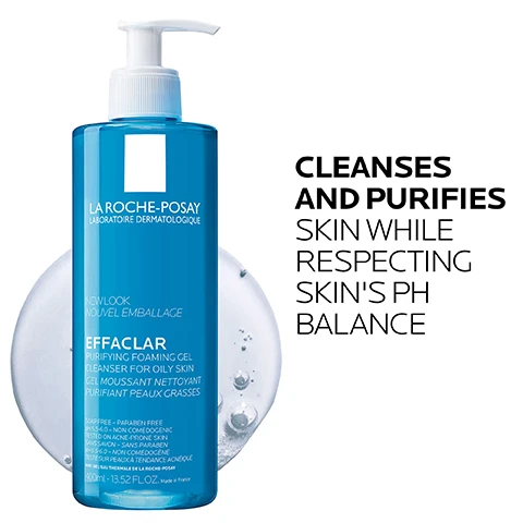 Image 1 - A blue bottle of La Roche-Posay Effaclar Purifying Foaming Gel with a pump top, featuring text that reads cleanses and purifies skin while respecting skins pH balance.
Image 2 - Image showing a list of key dermatological ingredients with two sections: one for Zinc Pidolate, described as purifying and known for its properties to help remove excess oil, and another for La Roche-Posay Thermal Spring Water, described as a soothing antioxidant and unique water rich in selenium.
Image 3 - A clear, circular gel with bubbles representing a refreshing foaming texture, accompanied by the text Zinc Pidolate, Refreshing, Foaming Gel Texture, and Gently Cleanses Impurities While Respecting Skins pH Balance.
Image 4 - A blue bottle of La Roche-Posay Effaclar Purifying Foaming Gel is shown, with text that reads Dermatologist Recommended, If you have sensitive skin, gently pat your skin dry with a towel after cleansing instead of rubbing which can irritate skin, and Board Certified Dermatologist, Dr. Jenny Liu.
Image 5 - Image features the La Roche-Posay logo at the top, with four blue icons below representing Dermatologist Tested, Allergy Tested, Soap-Free Non-Comedogenic, and Fragrance-Free, alongside their respective labels.