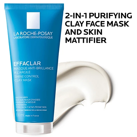 Image 1 - A blue tube of La Roche-Posay Effaclar 2-in-1 Purifying Clay Face Mask and Skin Mattifier, with a white clay-like substance swirled beside it, featuring text that states 2-IN-1 PURIFYING CLAY FACE MASK AND SKIN MATTIFIER.
Image 2 - Image shows the title KEY DERMATOLOGICAL INGREDIENTS followed by three ingredient descriptions: KAOLIN with CLAY MINERAL and Helps remove excess oil, GLYCERIN with HUMECTANT and Known for its hydrating properties, and VITAMIN B5 with PANTHENOL (PROVITAMIN B5) and Helps skin feel soothed and moisturized.
Image 3 - A creamy white clay mask is shown with text highlighting its ingredients and benefits, including KAOLIN (GENTLE CLAY) + GLYCERIN, PURIFYING CLAY MASK, and REMOVES EXCESS OIL, CONTROLS SHINE AND ELIMINATES INVISIBLE IMPURITIES.
Image 4 - A tube of La Roche-Posay Effaclar face mask is shown alongside instructions reading USE ONE TO TWO TIMES PER WEEK and APPLY A THIN LAYER TO SKIN. LEAVE ON FOR FIVE MINUTES, THEN RINSE.
Image 5 - A hand holds a turquoise tube of La Roche-Posay Effaclar Shine Control Clay Mask with a block of text beside it stating DERMATOLOGIST RECOMMENDED A helpful tip: following use of this mask, apply a thin layer of either a daytime or nighttime non-comedogenic facial moisturizer to help maintain skin hydration. Board Certified Dermatologist, Dr. Jenny Liu.
Image 6 - A graphic featuring the La Roche-Posay logo at the top, with four line icons representing dermatologist-tested, allergy-tested, oil-free/non-comedogenic, and fragrance-free, accompanied by the corresponding text for each icon.