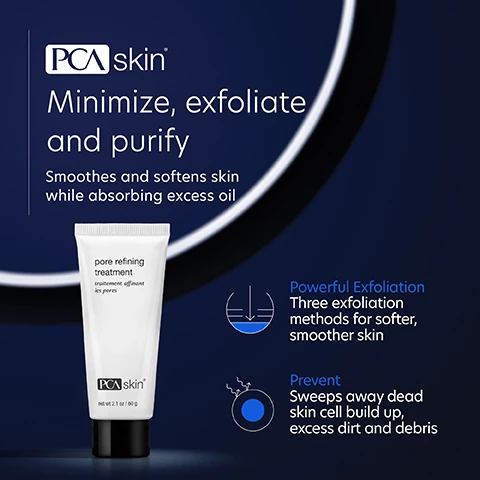 Image 1, minimize, exfoliate and purify. smooths and softens skin while absorbing excess oil. powerful exfoliation, tree exfoliation methods for softer, smoother skin. Prevent, sweeps away dead skin cell build up, excess dirt and debris. Image 2, we've put our best into helping you feel your best. mandelic acid, provides cellular exfoliation that leaves the skin bright. papain, has gentle exfoliating properties. rice poweder and pumice, physical exfoliants that slough away surface build up. Image 3, verified customer review = my pores have never been so clean or tight, wonderful product.