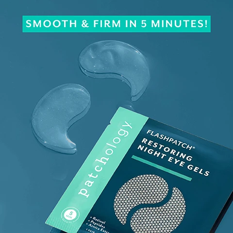 Image 2 - The image shows two translucent gel eye patches next to a blue and teal packet of FlashPatch Restoring Night Eye Gels, with text reading SMOOTH & FIRM IN 5 MINUTES! and 5 MIN, plus ingredients including Retinol, Peptides, and Arnica Extra for 1 PAIR. Image 3 - A woman with glossy pink eye patches under her eyes looks up, with text on the left describing benefits: INSTANTLY: Reduces fine lines & wrinkles, Corrects dark circles, Repairs & relaxes. Image 4 - A close-up of a womans face with glowing skin, looking to the left, with five white stars above her forehead and a teal banner displaying the text A RETINOL BOOST, along with a bottom teal banner that reads Rating as of May 2025 on Patchology.com. Image 5 - Two light purple crescent eye patches are shown on a dark teal background next to text that reads: RETINOL a Vitamin A derivative for smoothing, SQUALANE a moisturizing lipid for sealing in hydration, PEPTIDES a protein-building block for firming. Image 6 - A woman with translucent eye gels under her eyes holds a teal packet of Patchology FlashPatch Restoring Night Eye Gels, with accompanying text on the left reading Works Like Magic, Powered by HydroSurge5™ for fast results, Infused with targeted serum, and Biodegradable material. Image 7 - An infographic titled WEAR THEM YOUR WAY displays three ways to wear eye masks: the first, The Doll-Face, shows masks with the rounded side in to target under eye bags; the second, The Angel-Wing, illustrates masks with the skinny side in to target crows feet; and the third, The Halo-Hug, depicts masks worn over the eyes to target upper-eyelid depuff.