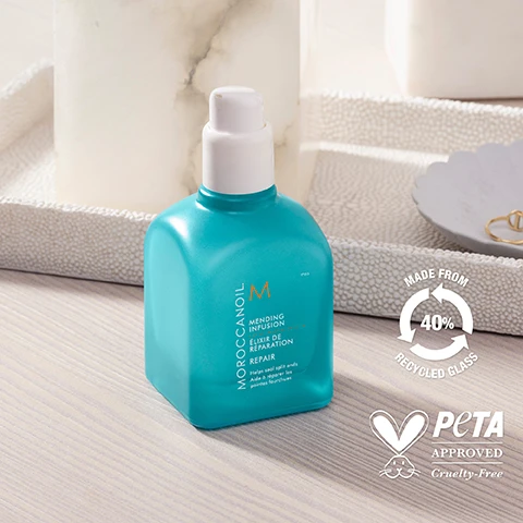 Image 1, made from 40% recycled glass. peta approved cruelty free. image 2, argan oil - rich in antioxidants it hydrates and nourishes. macadamia dervied oil - helps protect against breakage. larch tree extract - envelops strands to bind split ends. baobab extract - increases hair strength and elasticity. coconut alkanes - form a hydrophobic barrier to fight frizz.
