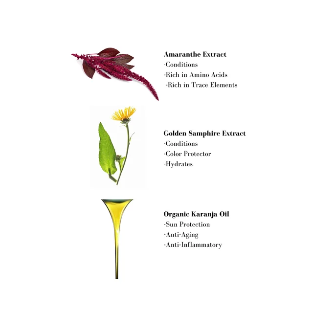 Image 1- Amaranthe Extract -Conditions -Rich in Amino Acids -Rich in Trace Elements Golden Samphire Extract -Conditions -Color Protector -Hydrates Organic Karanja Oil -Sun Protection -Anti-Aging -Anti-Inflammatory