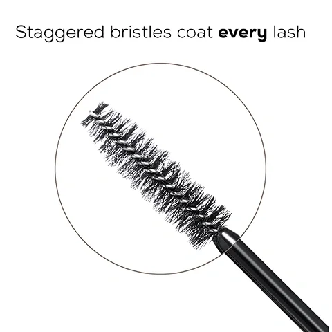 Image 1 - A close-up image of a mascara wand with staggered bristles, which are designed to coat every lash, along with the text Staggered bristles coat every lash.