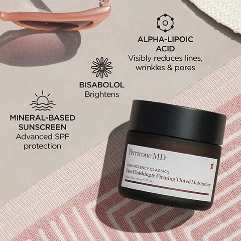 Image 1 - A brown jar of Perricone MD Face Finishing & Firming Tinted Moisturizer with SPF 30 is placed on a textured pink surface, accompanied by illustrations and text highlighting key ingredients: Alpha-Lipoic Acid, Bisabolol, and Mineral-Based Sunscreen for brightening and wrinkle reduction.
Image 2 - A jar of Perricone MD High Potency Classics Face Finishing & Firming Tinted Moisturizer with a dark lid displays two five-star reviews: Leaves my face hydrated and with the perfect glow! — Mexy and I love the tint to this moisturizer, no need for makeup! — Capeze.
