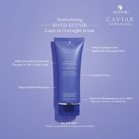 Image 1 - A blue tube of Alternas Caviar Anti-Aging Restructuring Bond Repair Leave-in Overnight Serum on a light purple background, with text highlighting benefits such as helping to repair damaged hair, restore moisture, and reduce breakage by up to 99%.
Image 2 - A droplet of a cream-colored serum is shown with text labeling its features, including Restructuring BOND REPAIR Leave-in Overnight Serum, CAVIAR BOND ENFORCING TECHNOLOGY, AGE-CONTROL COMPLEX, SEASILK, and ENZYMETHERAPY, along with descriptions of their benefits.
Image 3 - A blue tube of Caviar Anti-Aging Restructuring Bond Repair Leave-in Overnight Serum with a white label featuring the product name, description, and full ingredient list.
Image 4 - A collection of Alterna Caviar Anti-Aging hair care products displayed on a light purple background, including a leave-in overnight serum, shampoo, conditioner, and a sealing serum, with text indicating their functions: PRE-TREAT, CLEANSE, CONDITION, and FINISH.