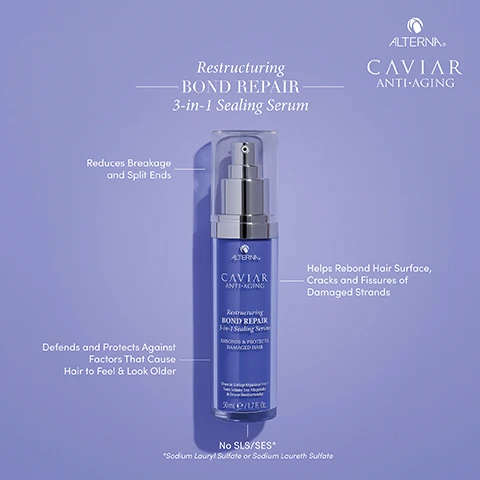 Image 1 - A bottle of Alterna Caviar Anti-Aging Restructuring Bond Repair 3-in-1 Sealing Serum is shown on a light purple background with accompanying text highlighting its benefits, including reduces breakage and split ends, helps rebound hair surface, cracks and fissures of damaged strands, and defends and protects against factors that cause hair to feel and look older; it is noted to contain no SLS or SES.
Image 2 - Image of three clear serum droplets on a white background, with text labels describing the product as Restructuring Bond Repair 3-in-1 Sealing Serum, and additional notes about Caviar Extract, Caviar Bond Enforcing Technology, and Age Control Complex.
Image 3 - A woman with long, wavy hair is shown in a split image displaying the before and after effects of hair products, with a bottle of Caviar Anti-Aging serum positioned in the center; visible text includes Restructuring BOND REPAIR Collection, Unretouched Image, BEFORE, and AFTER.
Image 4 - Four hair care products are displayed on a light purple background: a leave-in overnight serum, shampoo, conditioner, and a sealing serum, all branded as Alterna Caviar Anti-Aging, with text indicating CLEANSE, CONDITION, PRE-TREAT, and FINISH.