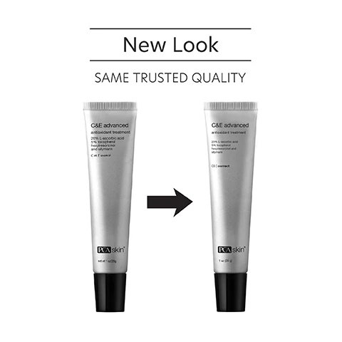 Image 1 - Two tubes of PCA Skin C&E Advanced antioxidant treatment with a visual comparison arrow between them, featuring the text New Look above and SAME TRUSTED QUALITY below.
Image 2 - Three tubes of skincare cream are arranged on a light surface, with the text Repairs, protects, prevents, brightens and reduces skin discoloration displayed prominently in the background.
Image 3 - A clear glass container with a light brown cream inside, surrounded by a white background and text detailing the ingredients and benefits, including L-ascorbic Acid (Vitamin C), Tocopherol (Vitamin E), Hexylresorcinol, and Silymarin.
Image 4 - An instructional image showing two steps for applying PCA Skin treatment serums, with three small tubes of serums visible at the top and a woman applying a product to her face at the bottom; the text reads How to Apply followed by STEP 1 After cleansing, toning and applying any PCA Skin treatment serums, apply to the face and neck. You might experience a slight tingling sensation upon application. and STEP 2 Follow with a broad spectrum SPF product in the daytime, and moisturizer in the evening.
Image 5 - Three women of diverse backgrounds are smiling together, with text above them reading for dry, oily, combination and normal skin for preventative and aging skin concerns.
Image 6 - Image of a blue beaker icon above text that reads Innovators in healthy skin for 30 years At PCA SKIN®, we use clinically-backed research and science to develop safe and effective products that deliver visible results for healthy, beautiful skin.