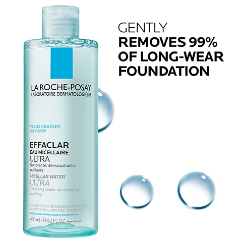 Image 1 - A clear bottle of La Roche-Posay Effaclar Micellar Water Ultra for oily skin is shown with water droplets nearby, and the text reads GENTLY REMOVES 99% OF LONG-WEAR FOUNDATION.
Image 2 - Image of a graphic listing key dermatological ingredients, featuring two sections: the first shows a blue water-like texture with the text Glycerin Humectant known for its hydrating properties and the second section displays a bubbly blue water image with the text La Roche-Posay Thermal Spring Water Soothing Antioxidant a unique water rich in selenium a natural antioxidant.
Image 3 - Image of three water droplets with text highlighting key benefits: purifies and mattifies with zinc, removes makeup, impurities and dirt, and hydrating formula leaves skin feeling clean and clear.
Image 4 - A clear bottle of La Roche-Posay Effaclar Ultra Micellar Water is shown with a blue label and a hand holding it; the text includes DERMATOLOGIST RECOMMENDED and a quote explaining micellar water, followed by Board Certified Dermatologist, Dr. Hadley King.
Image 5 - A graphic featuring a logo at the top with the text LA ROCHE POSAY LABORATOIRE DERMATOLOGIQUE, below which are four icons: a doctor representing dermatologist tested, a face with a hand touching it for allergy tested, a droplet marked oil-free/non-comedogenic, and a spray bottle crossed out for fragrance-free.