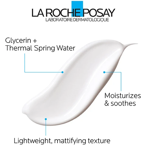 Image 1 - A smooth, white cream or lotion swatch is shown on a surface, with text indicating LA ROCHE POSAY, LABORATOIRE DERMATOLOGIQUE, and highlighting ingredients and benefits: Glycerin + Thermal Spring Water, Moisturizes & soothes, and Lightweight, mattifying texture.
Image 2 - Image shows a skincare product bottle labeled Toleriane Fluide by La Roche-Posay and an instructional graphic featuring a woman applying cream to her face, with text stating Apply to face & neck daily and Apply in gentle circular motions.
Image 3 - Image features a logo for La Roche-Posay at the top, with illustrations depicting a dermatologist and a woman, along with icons representing Dermatologist Tested, Allergy Tested, Oil-Free/Non-Comedogenic, and Fragrance-Free, followed by the text Recommended by 90,000 Dermatologists Worldwide.
