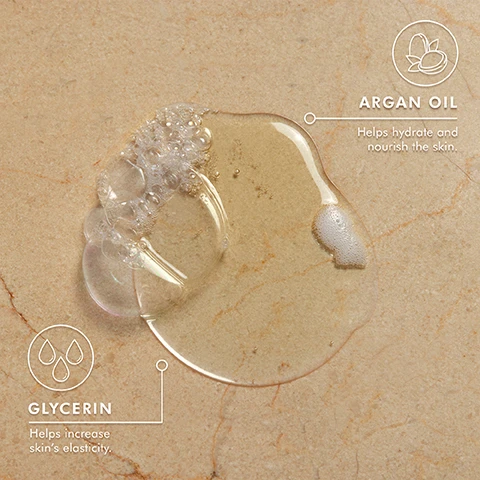 Image 2 - A droplet of clear gel with bubbles lies on a light marble surface, labeled with text indicating that argan oil helps hydrate and nourish the skin, and glycerin helps increase skins elasticity.
Image 3 - A hand is holding a bottle of MoroccanOil shower gel, which is yellow with a flip-top cap, and text on the label reads NEW & IMPROVED PACKAGING FRAGRANCE ORIGINALE SHOWER GEL CLEANSING HYDRATION ARGAN OIL 8.4 FL OZ / 250 ML, alongside annotations for EASY POUR DESIGN, FLIP-TOP CAP, and RECYCLABLE BOTTLE.
Image 4 - A close-up of a womans shoulder with a golden, viscous product dripping down, accompanied by the text Hydrates as it cleanses with nourishing argan oil.
Image 5 - A white chrysanthemum flower surrounded by natural elements like wood, amber, and leaves against a light blue background, with the text FRAGRANCE ORIGINALE ICONIC & MEMORABLE and labels for MAGNOLIA, AMBER, and WOODS.
Image 6 - Image shows a list of fragrance names with their respective scent ingredients against a colorful background; fragrance names include Fragrance Originale, Ambiance de Plage, Bergamote Fraîche, Dahlia Rouge, Spa du Maroc, Ambre Noir, and Oud Minéral, along with their ingredients.