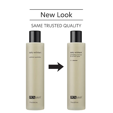 Image 1 - Image shows two bottles of PCA Skins daily exfoliant side by side, with the text New Look above and SAME TRUSTED QUALITY below, and daily exfoliant exfoliating cleanser for all skin types on the bottles.
Image 2 - A hand holds a bottle of PCA Skin daily exfoliant, which is described as a light, gentle exfoliant that removes dirt, debris, and impurities from the skin.
Image 3 - A close-up image of a clear jar with a creamy substance inside, surrounded by three labels detailing ingredients: Salicornia Herbacea Extract describes a powerful antioxidant that helps retain essential moisture to improve skin hydration, Green Tea Extract lists a polyphenolic antioxidant with beneficial vitamins, minerals, and oils for anti-aging benefits, and Cellulose Acetate defines a modified cellulose from wood pulp that exfoliates the skin.
Image 4 - The image shows a step-by-step guide on how to apply a skincare product, featuring a bottle of the product, a person demonstrating the application, and text detailing the steps: STEP 1 Apply a dime-sized amount to damp skin and massage into a foaming lather. Wash in a gentle circular motion. Rinse with warm water and pat dry. STEP 2 Apply the appropriate PCA Skin toner, treatment serums and moisturizer afterwards. Follow with broad spectrum SPF in the daytime.
Image 5 - Three smiling women of diverse backgrounds pose together, with text above them stating for dry, oily, combination and normal skin for preventative and aging skin concerns.
Image 6 - Image shows three skincare product bottles arranged on a light surface, with the text Complete the Regimen at the top, along with descriptions for each product: Daily Exfoliant - Reveal radiant, younger-looking skin with daily use, Hyaluronic Acid Boosting Serum - Instant hydration and smoothing on the surface of the skin, and Nutrient Toner - Refines pores and nourishes skin.
